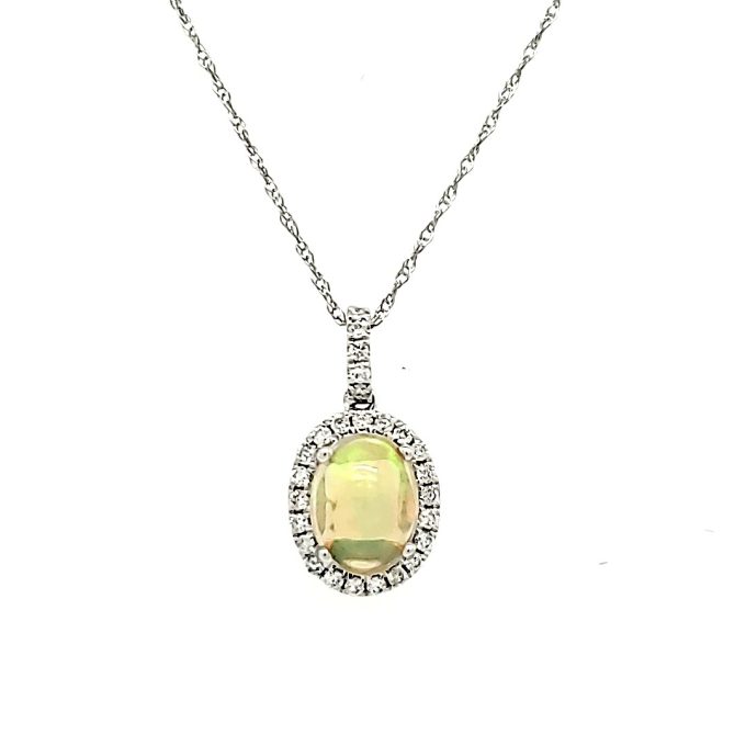 Halo Fashion Necklace with Opal and .17ctw Round Diamonds in 14k White Gold