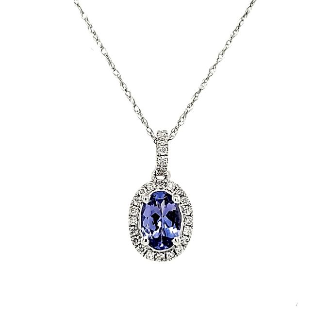 Halo Fashion Necklace with Oval Tanzanite and .14ctw Round Diamonds in 14k White Gold