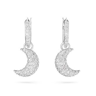 Embellish your outfit with these dazzling drop hoop earrings, adorned with exquisite rhodium-finished Luna moon drops. Featuring sublime Swarovski crystals embellishments that glisten splendidly, these stunning accessories add a glamorous sparkle to any look. Intricately designed, these Shinning earrings are a magnificent choice for special occasions or for adding a touch of elegance to everyday wear.