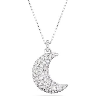 Experience the elegance with this luminous celestial-inspired pendant. Iridescent crystals glisten against Rhodium- plated droplet design, shaped like a moon to create ethereal charm. Distinct yet timeless, it promises to add a sophisticated sparkle to your outfit, making it a perfect piece for anyone wishing to infuse an elegance in their everyday style.