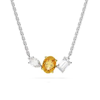 This lustrous mixed-cut pendant presents a captivating combination of yellow and white crystals. Crafted with precision, the elegant pattern displays a high-quality finish resulting in a distinctive sparkle. Radiating with Rhodium plating, this captivating piece of jewelry unveils unmatched elegance. Ideal for gifting or making a statement-worthy addition in your collection.