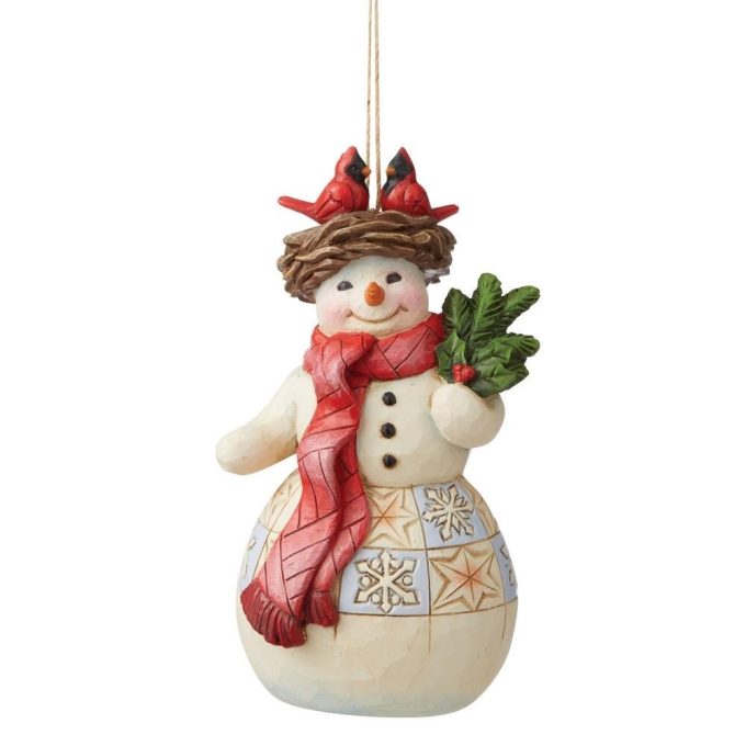 Beautiful hand-crafted Victorian snowman with a cardinal nest perched atop, perfect for holiday decorating.