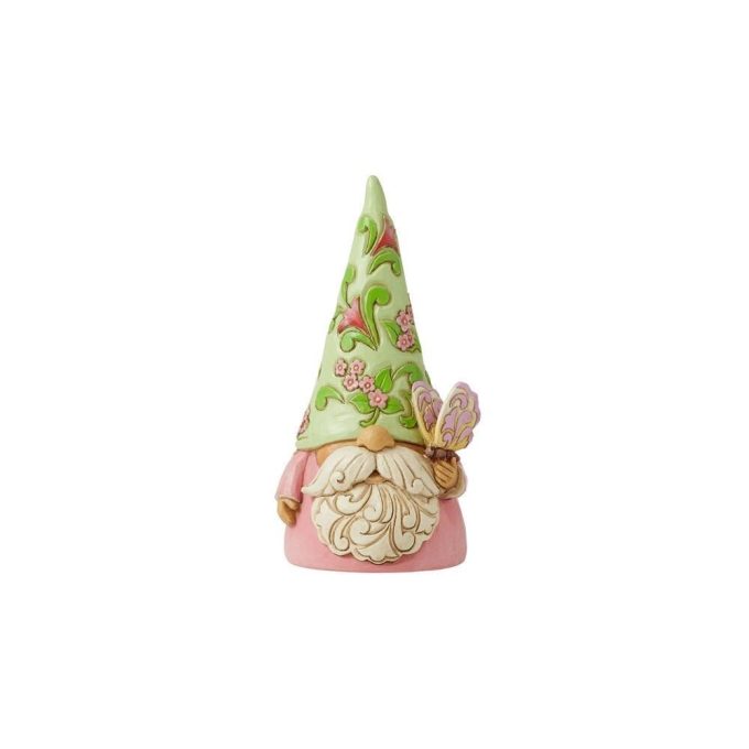 A beautiful hand-painted 5.25" GNOME figure with a delicate butterfly figurine perched atop its head.