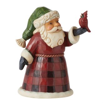 Santa in red and black buffalo plaid with a cardinal perched on his shoulder, ready to spread holiday cheer!