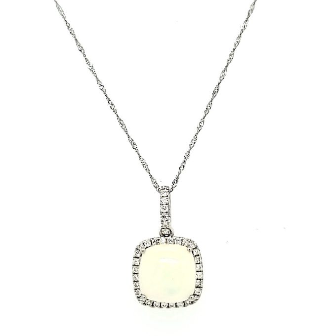 Halo Fashion Necklace with Opal and .32ctw Round Diamonds in 14k White Gold