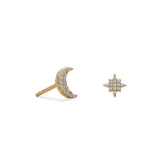 Moon and Star Stud Earrings with Cubic Zirconia in Sterling Silver