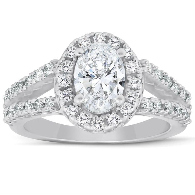 Halo Engagement Ring with .74ctw Oval and Round Diamonds in 14k White Gold