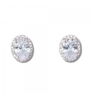 Silver-Plated Oval Crystal Stud Earrings