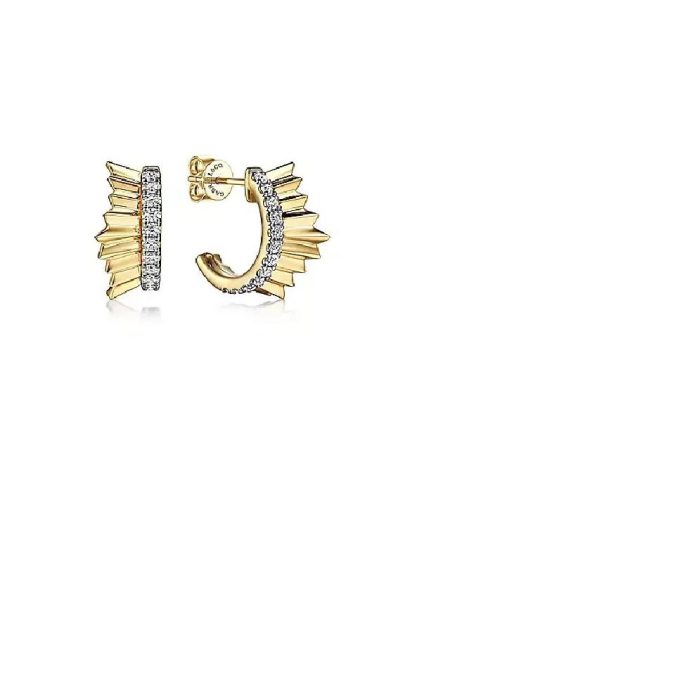 Gabriel Textured J Hoop Earrings with .43ctw Round Diamonds in 14k Yellow Gold