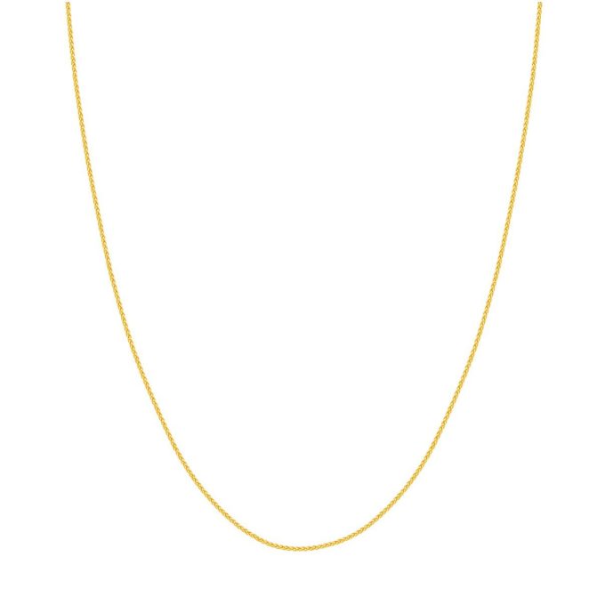 This 18-karat yellow gold necklace features a 1.05mm wheat chain, measuring 18 inches in length. It's made to linger at the collarbone with a delicate, subtly textured finish. It’s secured by a lobster clasp ensuring both safety and ease of use. Stylish and versatile, it's a timeless piece of jewelry suited for daily wear or special occasions.
