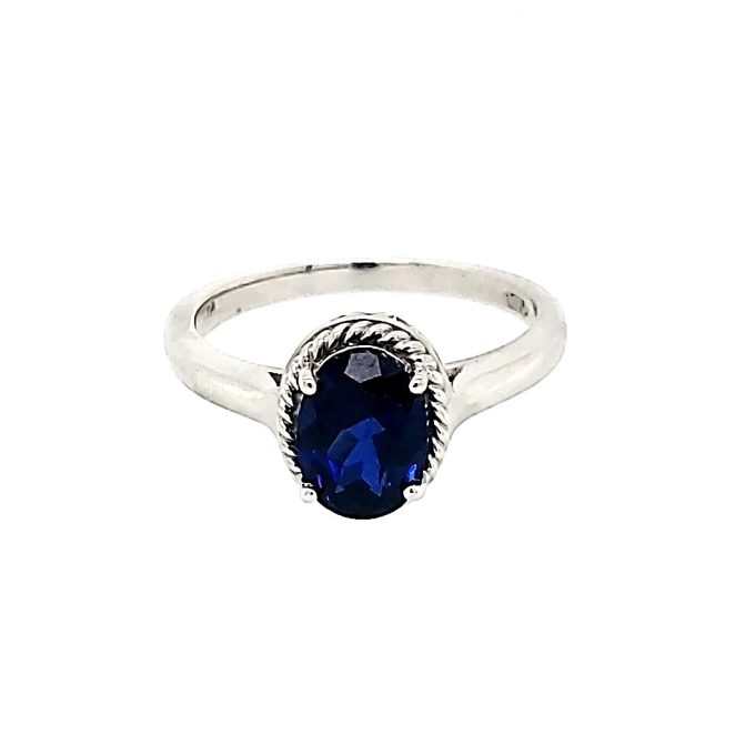 Lab-Created Oval Blue Sapphire Gemstone Ring in Sterling Silver
