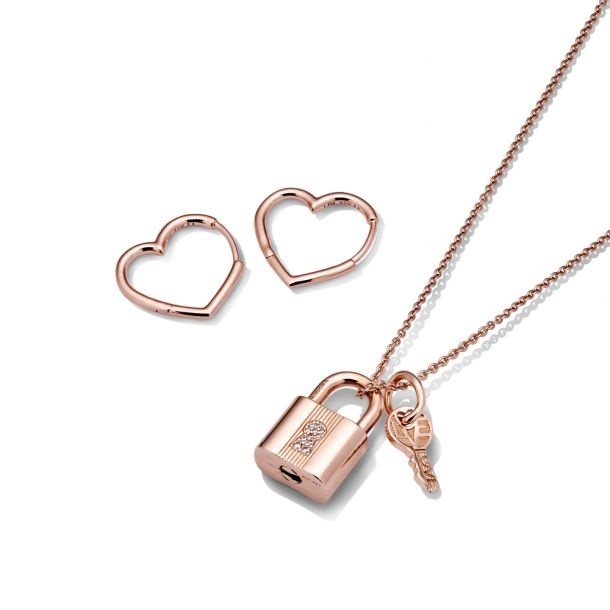 Pandora Padlock and Heart Earrings and Padlock Charm Necklace Gift Set
