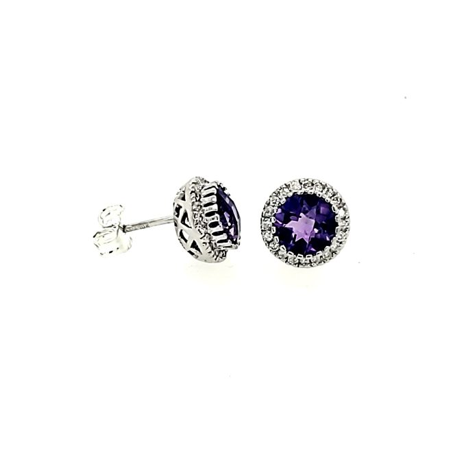Halo Fashion Earrings with Amethyst and .19ctw Round Diamonds in 10k White Gold