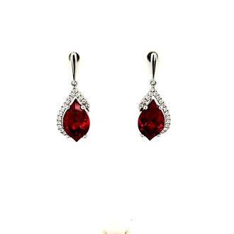Fashion Earrings with Lab Grown Ruby and .13ctw Round Lab Grown Diamonds in 14k White Gold