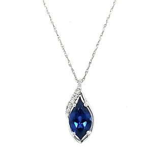 Fashion Necklace with Lab Grown Flame Cut Sapphire and .04ctw Round Diamonds in 14k White Gold