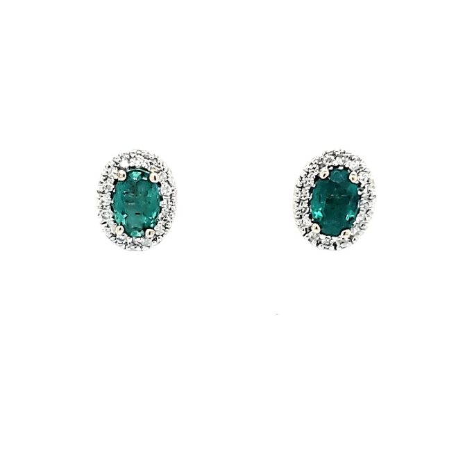 Halo Fashion Earrings with Oval Emerald and .16ctw Round Diamonds in 14k Yellow Gold