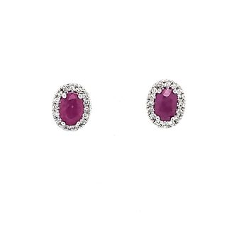 Halo Fashion Earrings with Oval Ruby and .16ctw Round Diamonds in 14k White gold