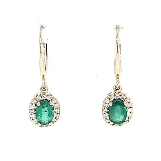 Dangle Fashion Earrings with Oval Emerald and .16ctw Round Diamonds in 14k Yellow Gold