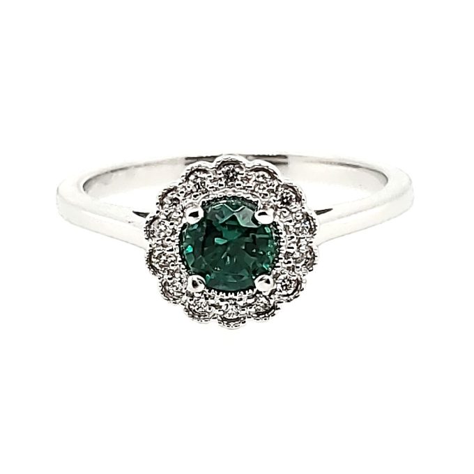 Fashion Ring with Round Lab-Created Emerald and .06ctw Round Diamonds in 10k White Gold