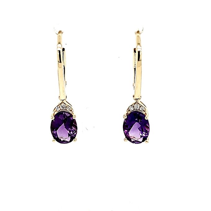 Dangle Fashion Earrings with Oval Amethyst and .03ctw Round Diamonds in 14k Yellow Gold
