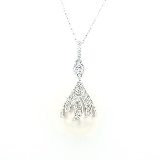 Fashion Necklace with Cultured Pearl and .25ctw Round Diamonds in 14k White Gold