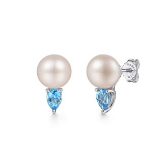 Gabriel & Co Stud Earrings with Pearl and Blue Topaz in Sterling Silver