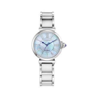 This is a sophisticated ladies' dress watch with a luxurious stainless steel body and a dazzling blue, mother-of-pearl dial. The design is further accentuated by a diamond accent characteristically positioned at 8 o'clock, giving it a distinct and elegant look. A mature choice for formal and special occasions.
