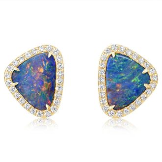 Halo Fashion Earrings with Australian Opal and .30ctw Round Diamonds in 14k Yellow Gold