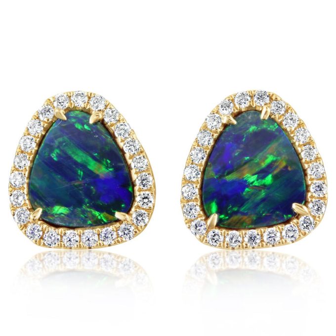 Halo Fashion Earrings with Australian Opal and .22ctw Round Diamonds in 14k Yellow Gold