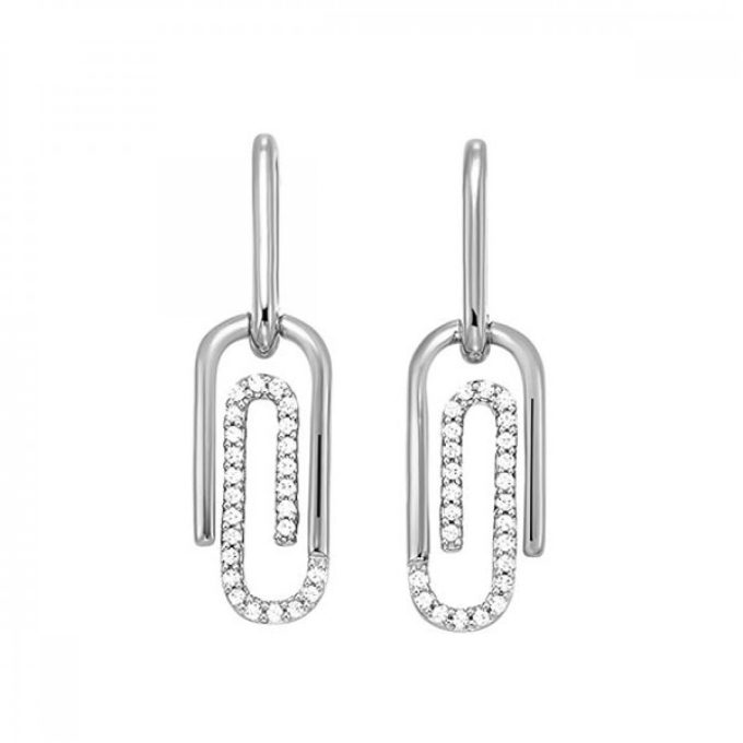 Paperclip Dangle Earrings with 1/6ctw Round Diamonds in 10k White Gold