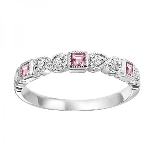 Stackable Ring with Pink Tourmaline and .10ctw Round Diamonds in 10k White Gold