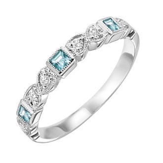 Stackable Birthstone Ring with Blue Topaz and .10ctw Round Diamonds in 10k White Gold