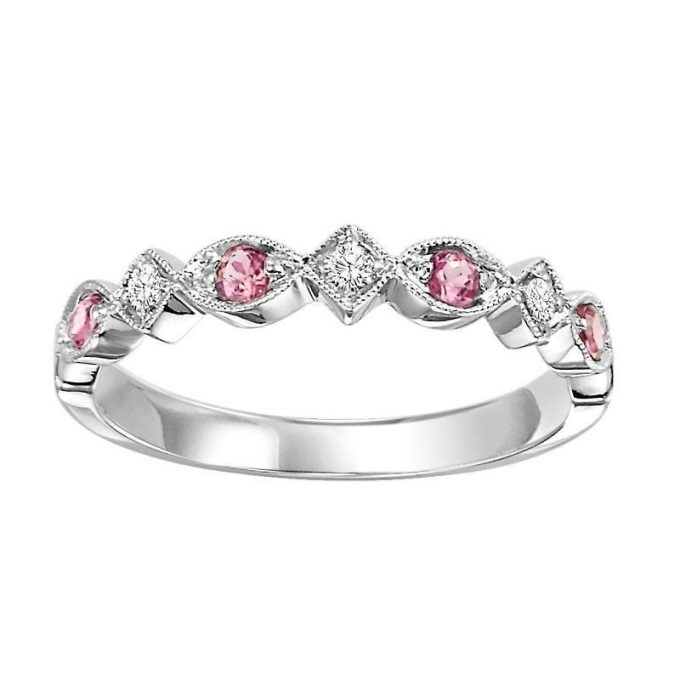 Stackable Birthstone Ring with Pink Tourmaline and Diamonds in 10k White Gold