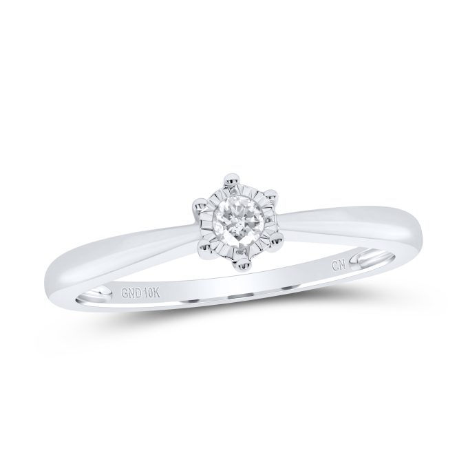 Unveil your commitment with this stunning promise ring. Crafted in 10 Karat White Gold, the design entails a radiant round diamond solitaire, collectively weighing 1/12 Carat. An embodiment of promise and love, its brilliant shimmer and classic solitaire design sets it apart, making it a thoughtful token for that special one.