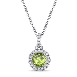 Halo Fashion Necklace with Peridot and .07ctw Round Diamonds in 14k White Gold