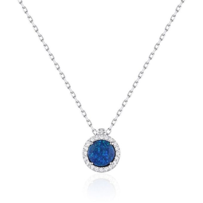 Halo Necklace with Opal and .43ctw Round Diamonds in 14k White Gold