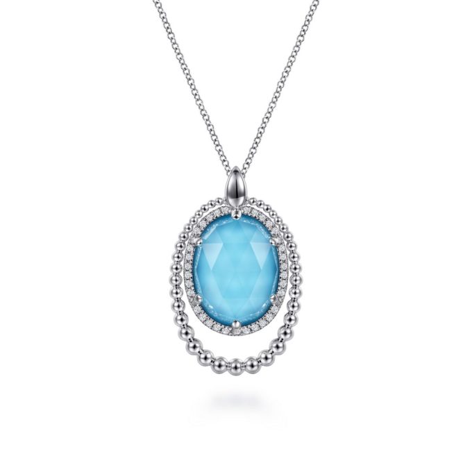 Gabriel Sterling Silver White Sapphire and Rock Crystal and Turquoise Pendant Necklace