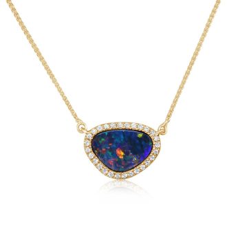 Halo Fashion Necklace with Australian Opal and .16ctw Round Diamonds in 14k Yellow Gold