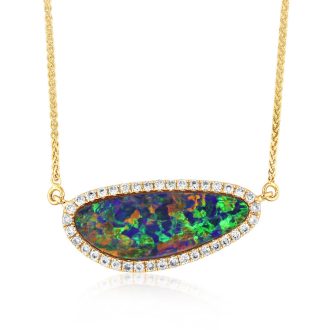 Halo Fashion Necklace with Australian Opal and .22ctw Round Diamonds in 14k Rose Gold