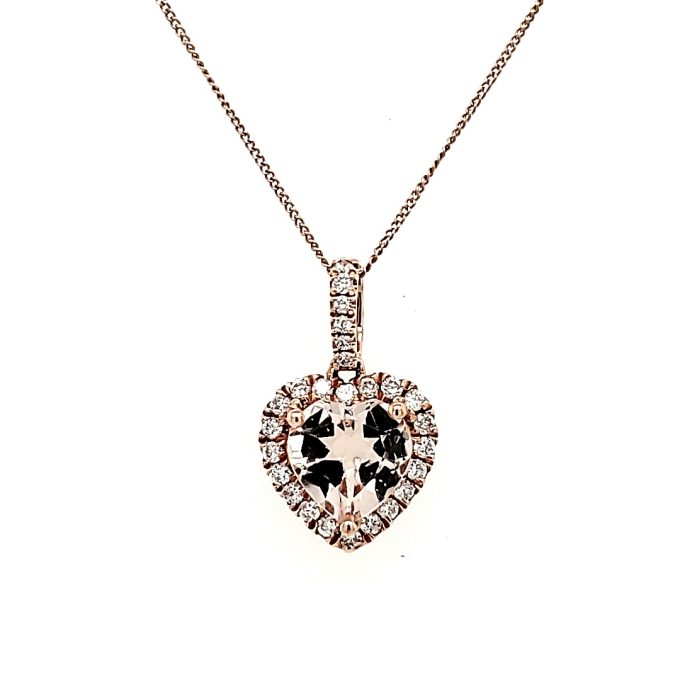 Heart Halo Necklace with Morganite and .18ctw Round Diamonds in 14k Rose Gold
