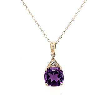 Fashion Necklace with Cushion Cut Amethyst and .02ctw Round Diamonds in 14k Yellow Gold