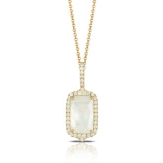 This is an enchanting drop pendant featuring a checkerboard-cut quartz layered over mother of pearl. Surrounded by a halo of 38 round diamonds totaling 0.35 carats, all set in lustrous 18 karat yellow gold, this pendant adds a beautiful touch of sparkle and color to any ensemble.