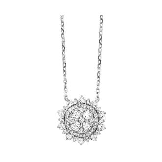 Halo Cluster Necklace with 1ctw Round Diamonds in 14k White Gold