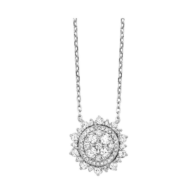 Halo Cluster Necklace with 1ctw Round Diamonds in 14k White Gold