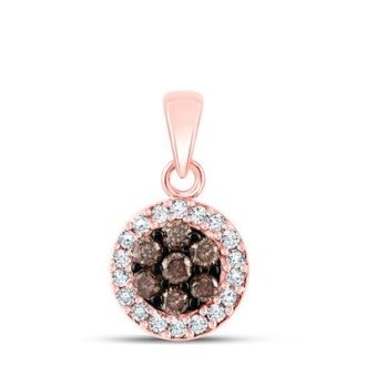 This exquisite pendant features a brilliant halo cluster design, skillfully crafted in 10 karat rose gold. Adorned with sparkling white and rich brown round-cut diamonds totaling 3/8 carat, it makes a magnificent centerpiece. The pendant elegantly drops, creating a stunning effect. Note that the chain is sold separately.