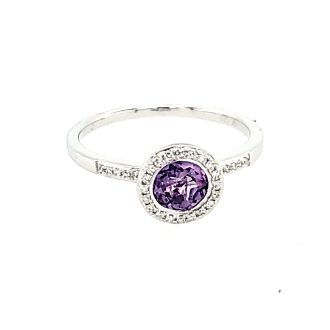 Halo Fashion Ring with Amethyst and .08ctw Round Diamonds in 14k White Gold