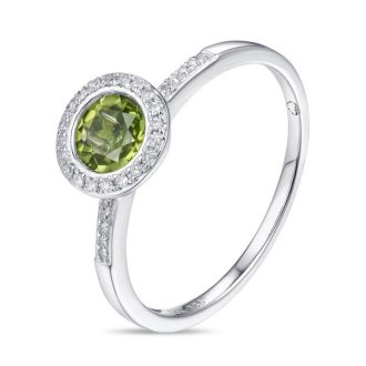 Halo Fashion Ring with Peridot and .08ctw Round Diamonds in 14k White Gold