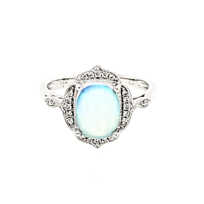 Fashion Ring with Oval Opal and .09ctw Round Diamonds in 14k White Gold