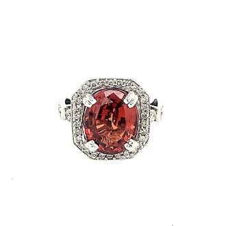 Halo Fashion Ring with Spessartite Garnet and Round Diamonds in 14k White Gold