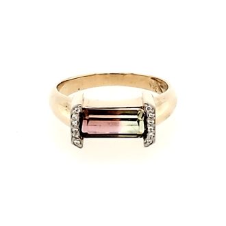 Fashion Ring with Watermelon Tourmaline and .09ctw Round Diamonds in 14k Yellow Gold